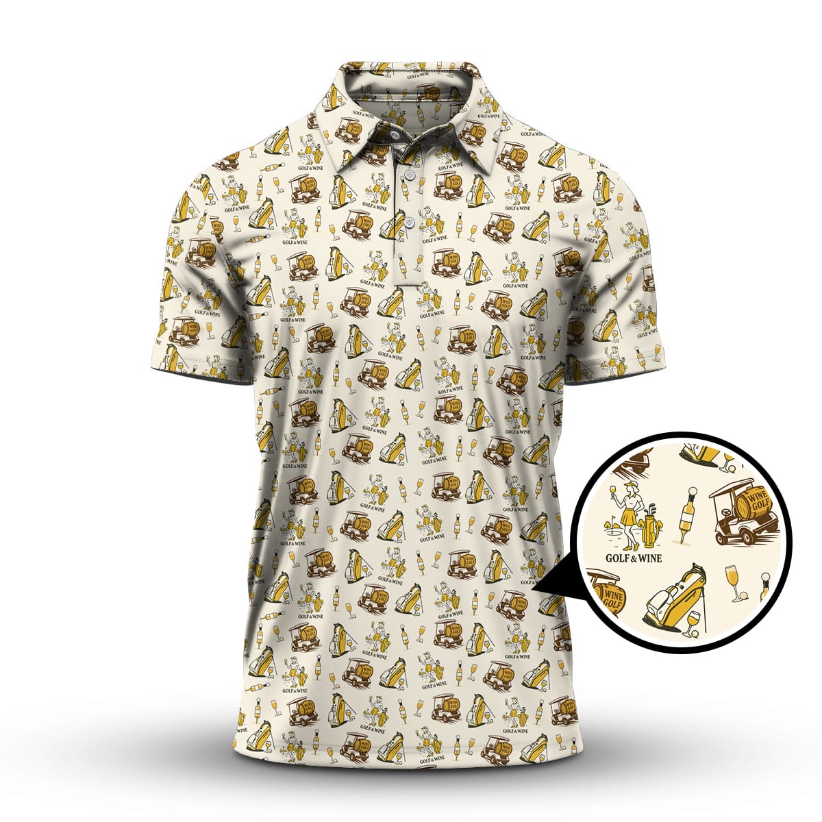 Yellow Golf Polos For Women, Funny Golf & Wine Shirts, Pattern Ladies Golf Shirt For Wine Lovers