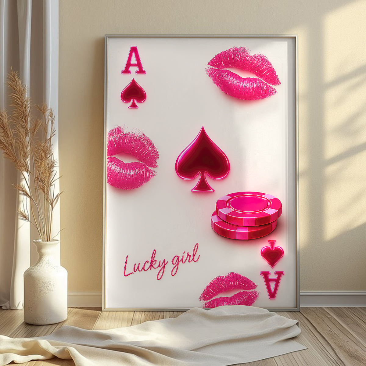 Lucky Girl Poker Poster, Pink Lips And Ace Playing Card Canvas Wall Art, Poker  Canvas For Poker Player