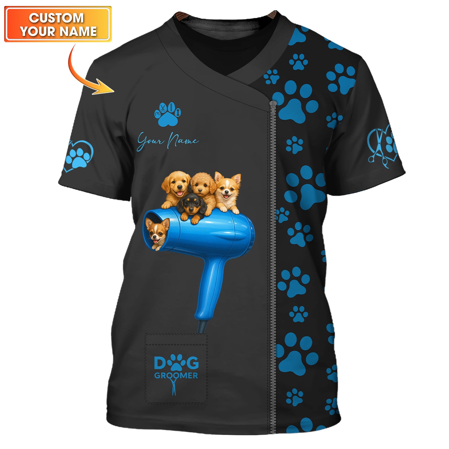 Custom Name Dog Grooming Uniform - Puppy Print Pet Groomer Shirt With Paw Pattern