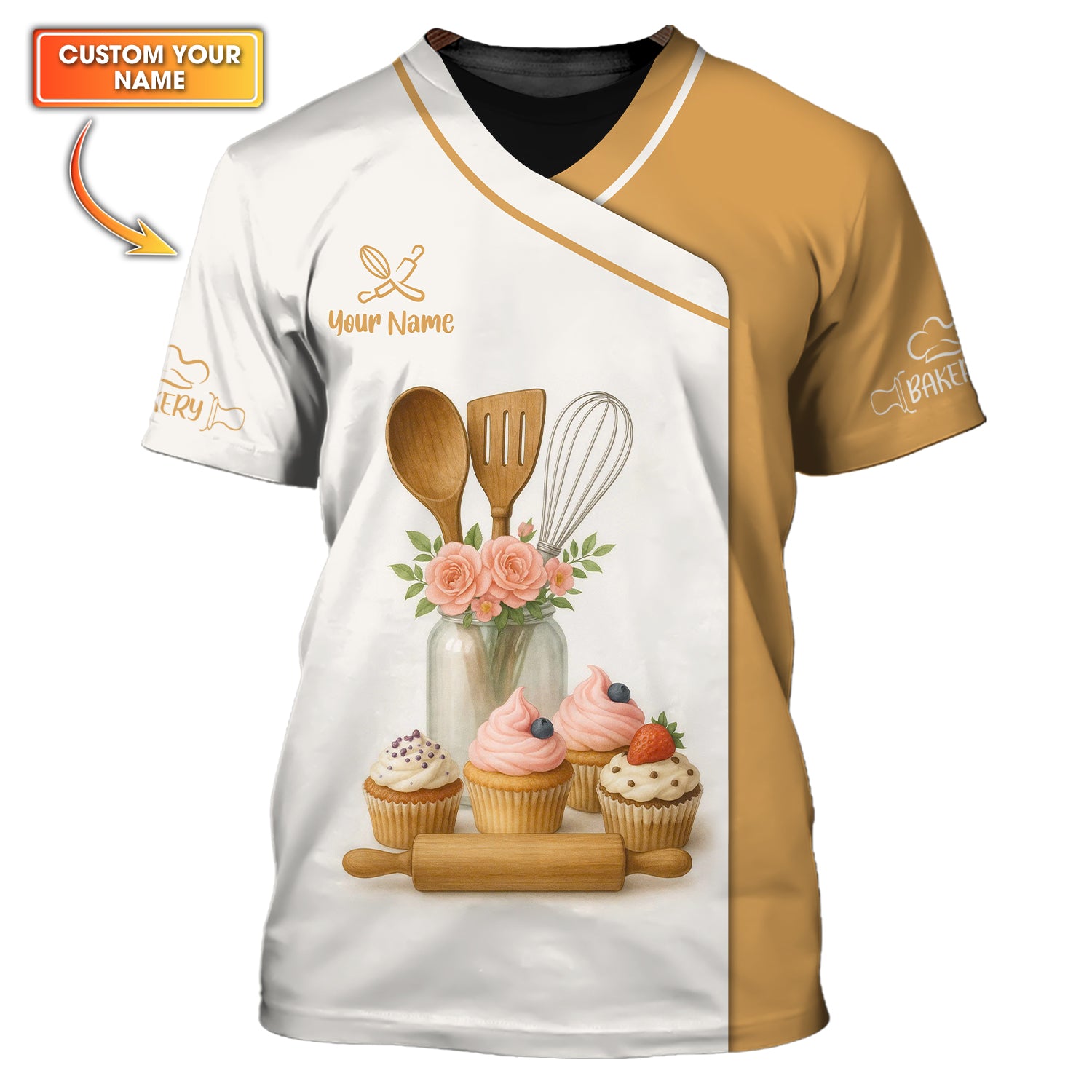 Custom Name Bakery Shirt, Cute Cupcake and Floral Kitchen Tools Baker Uniform