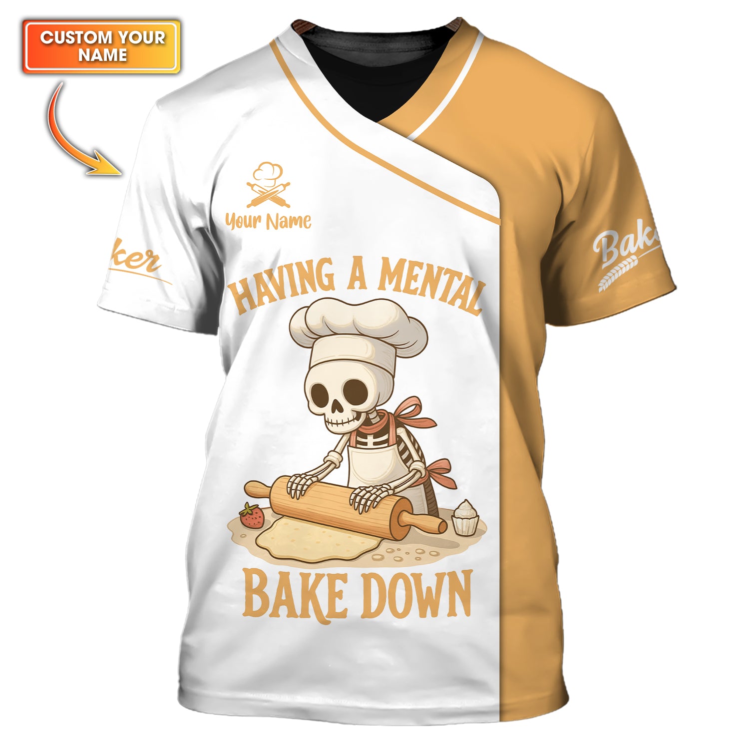 Having A Mental Bake Down Shirt, Funny Skeleton Baker Uniform With Custom Name, Gift For Baking Lovers