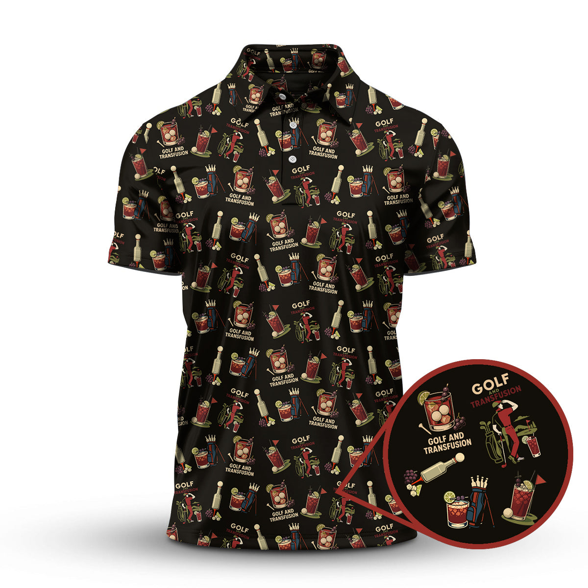 Golf And Transfusion Drink Pattern Polos, Transfusion Golf Shirt For Men, Funny Golf Shirts For Golfers