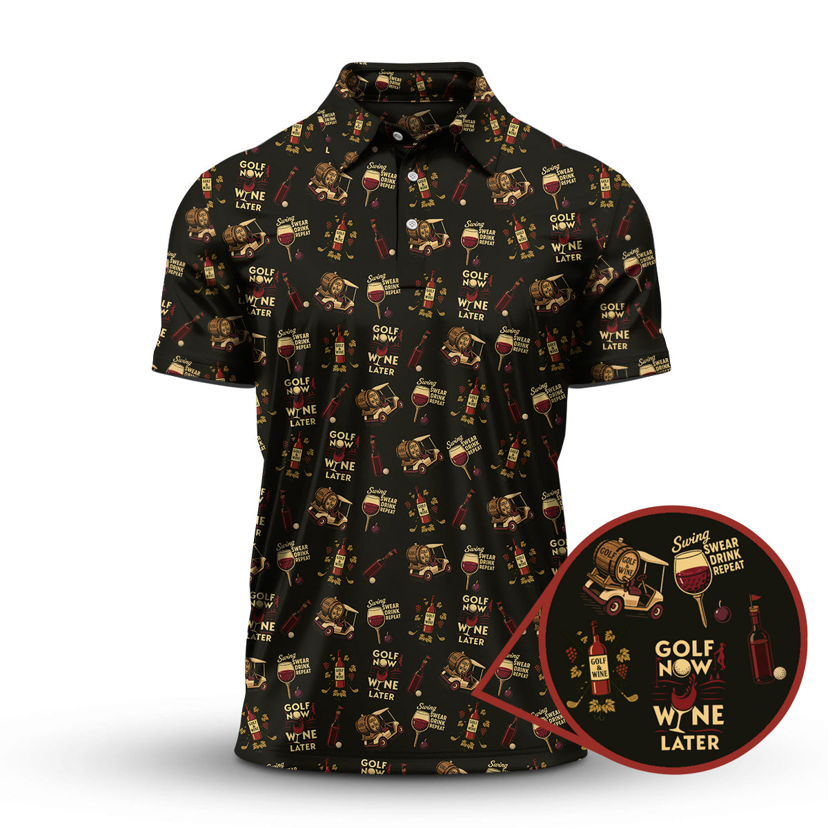 Wine Golf Shirt, Funny Ladies Golf Shirt, Wine And Golf Cart Pattern Polos