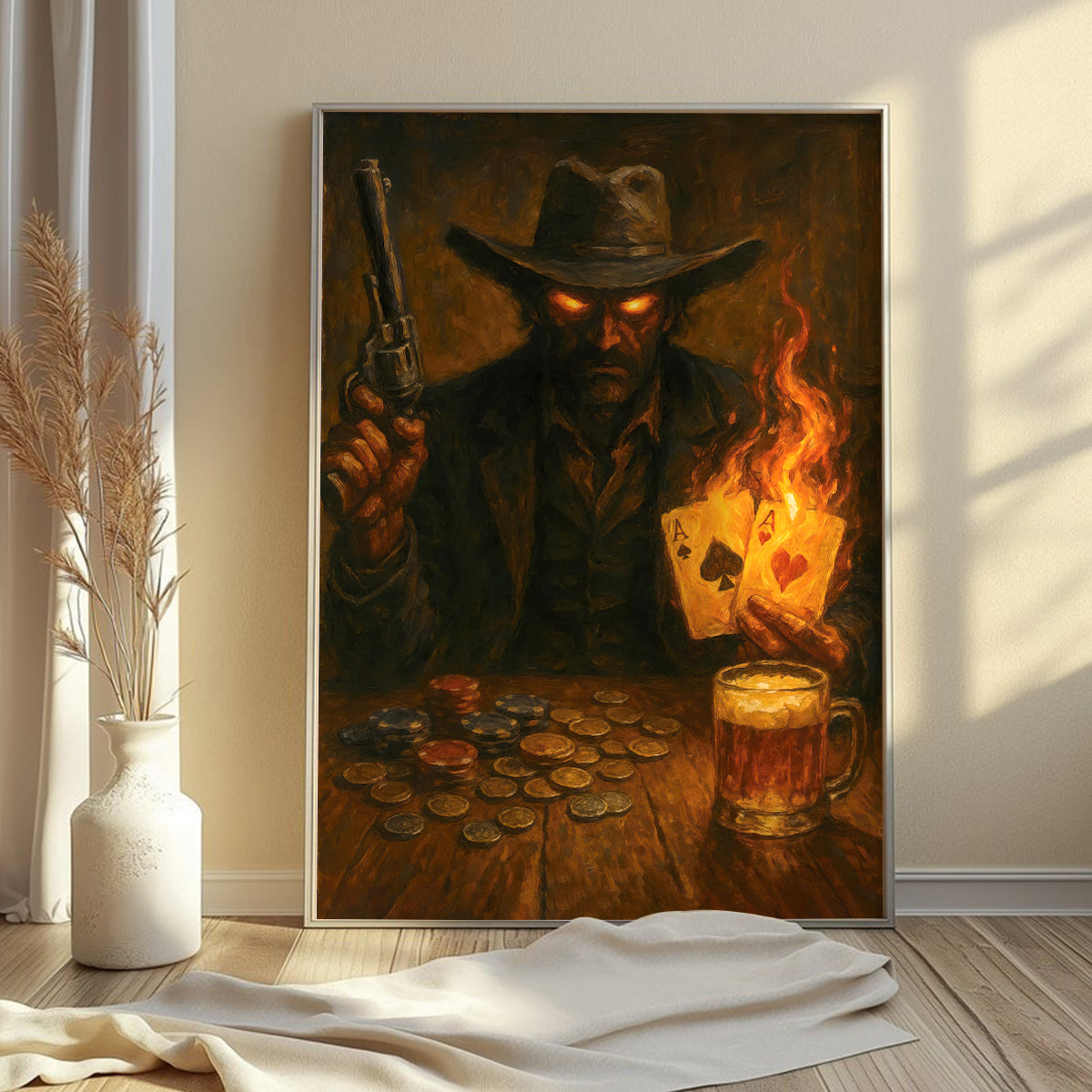 Cowboy With Burning Aces Playing Card Poker Wall Art, Vintage Poker Canvas, Poker Poster For Room Decor