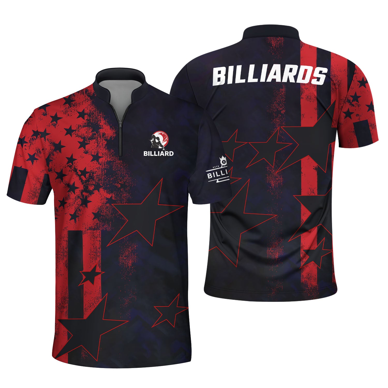 Patriotic Billiards Shirt, Red Black Star American Flag Style Pool Jersey , Sportswear for Billiard Players