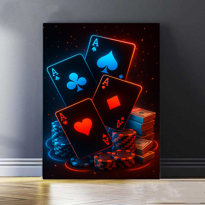 Neon Style Poker Canvas With Chips, Playing Card Poker Wall Art, Poker Poster For Poker Lover