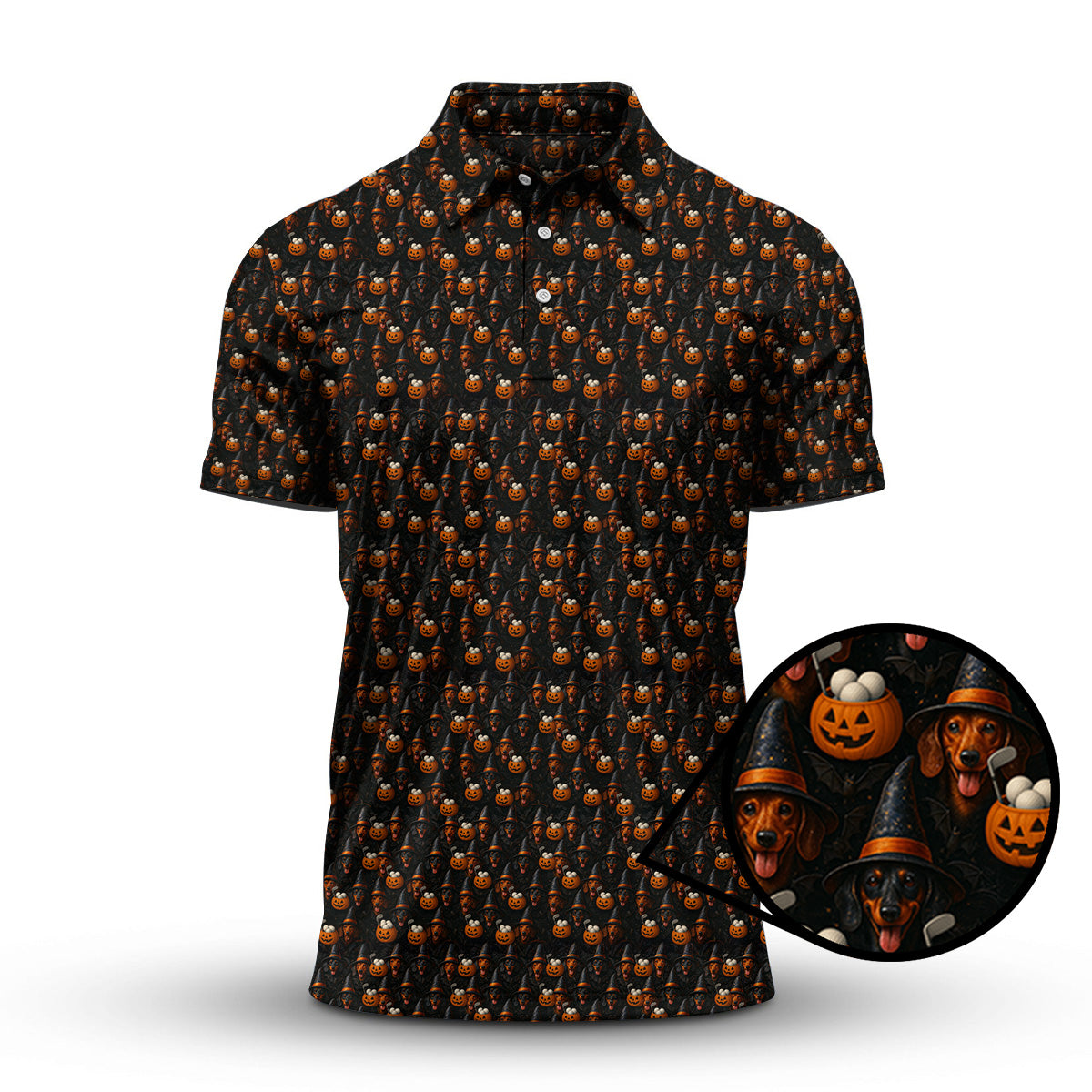 Halloween Dachshund Pattern Golf Shirt, Funny Dog Golf Polos, Spooky Halloween Golf Shirt For Golfer