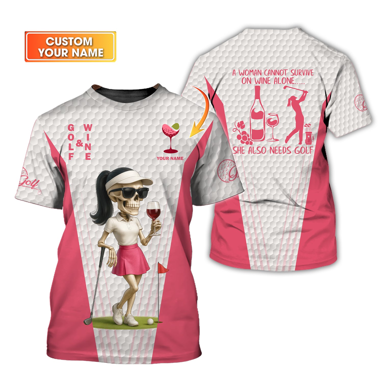 Custom Women Golf Polo Shirt, Funny Skeleton Lady Tee, Wine And Golf Lover Gift for Golfer