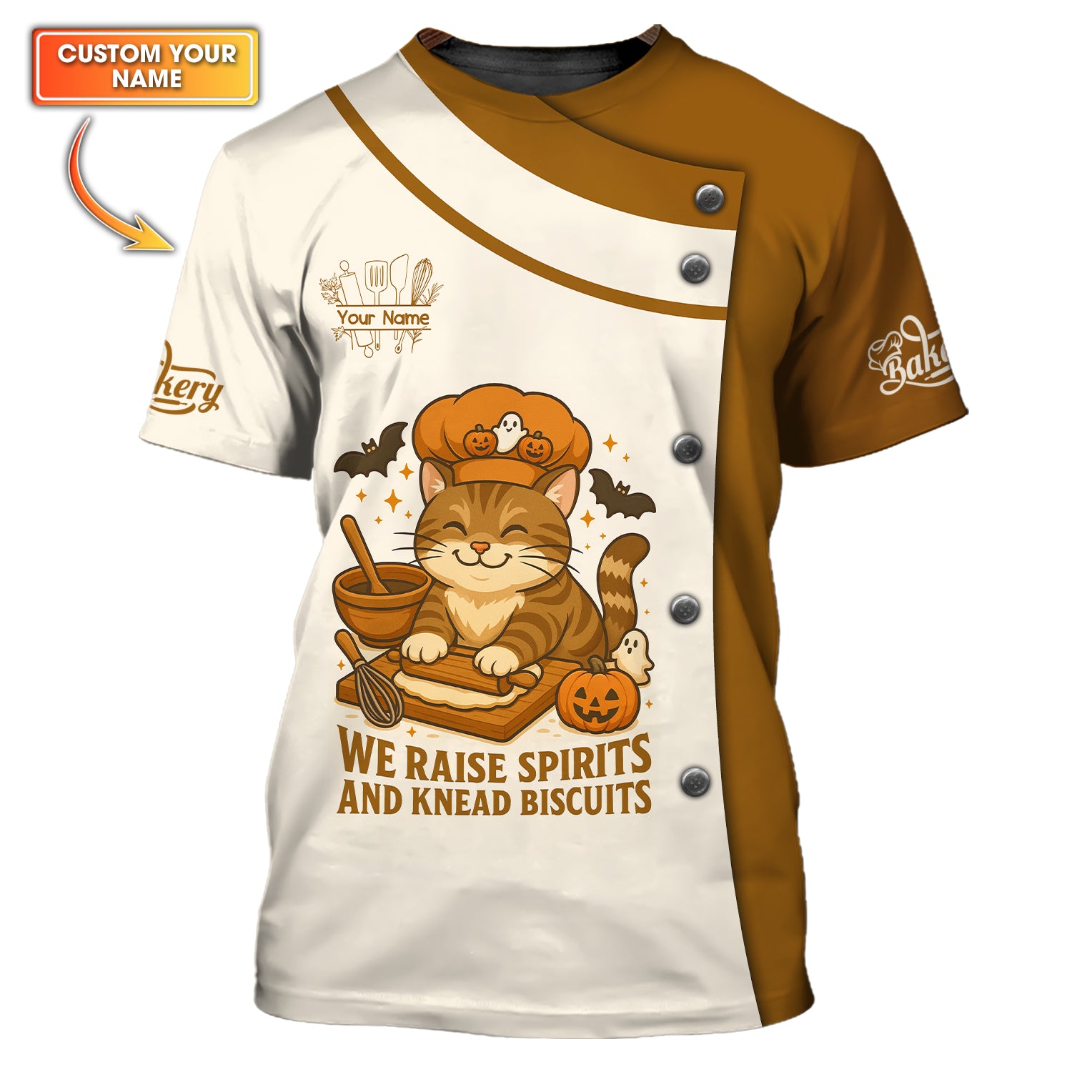 Custom Name Baker Shirt, Baker Halloween Cat We Raise Spirits And Knead Biscuits Shirt, Personalized Baker Shirt
