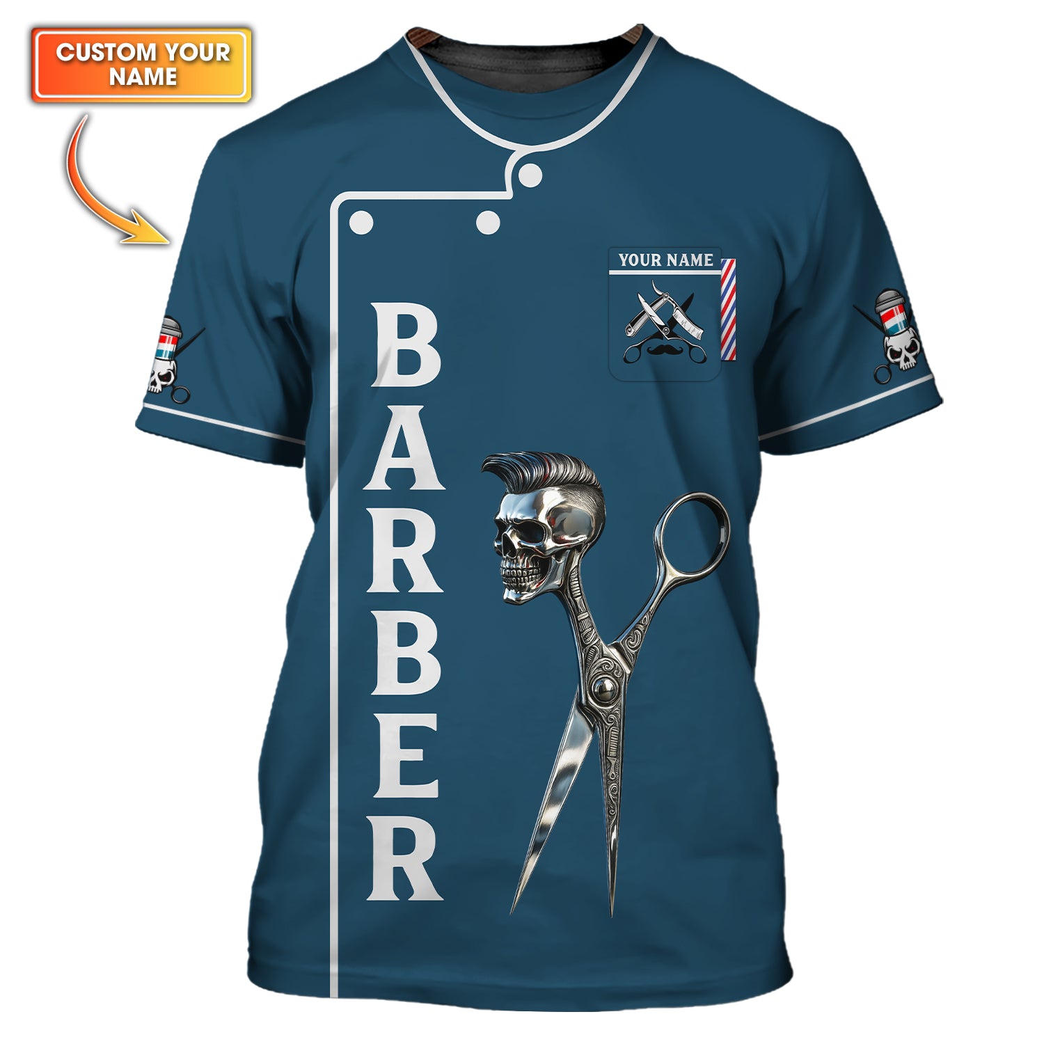 Personalized Barber Uniform , Barber Custom Name 3D Shirt With Scissors And Skull, Gift For Stylist Lover