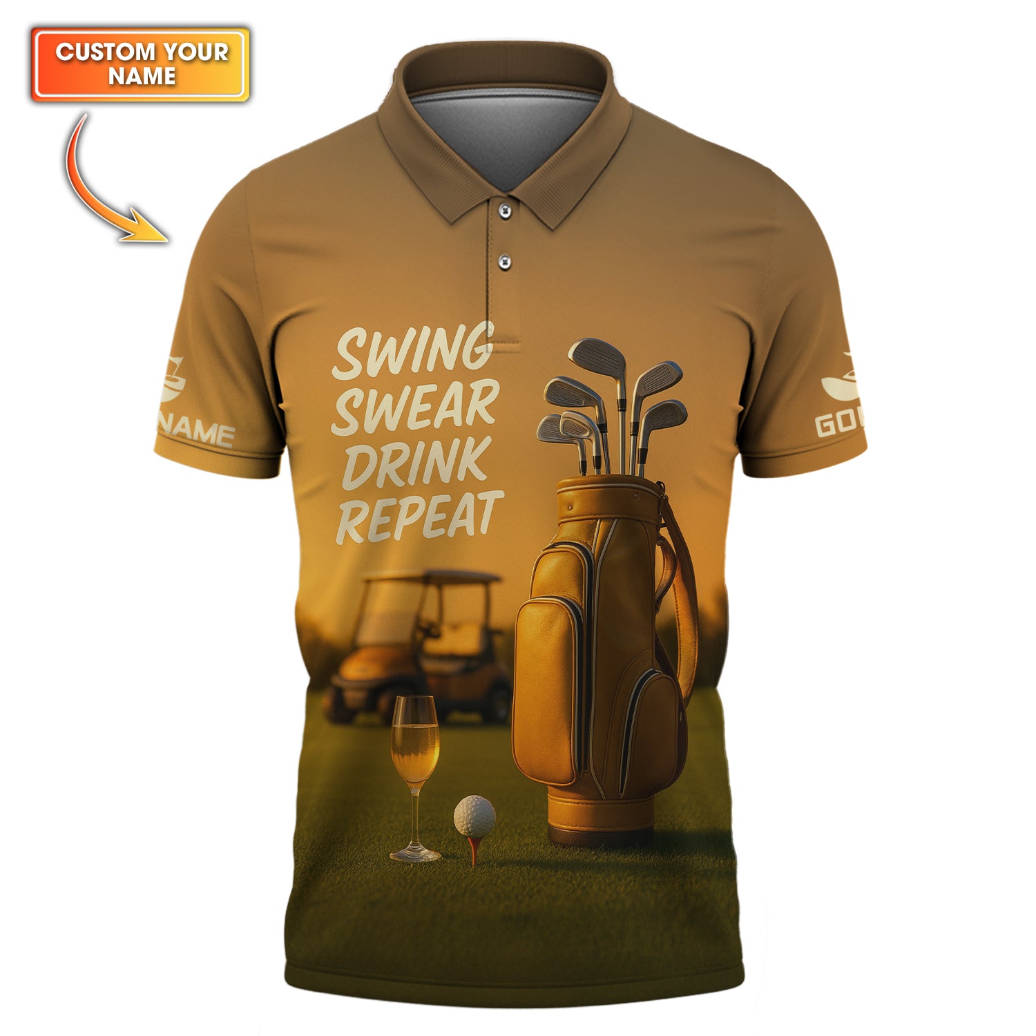 Swing Swear Drink Repeat Golf Wine Polos, Yellow Golf Shirt, Funny Golf Shirts For Golfers