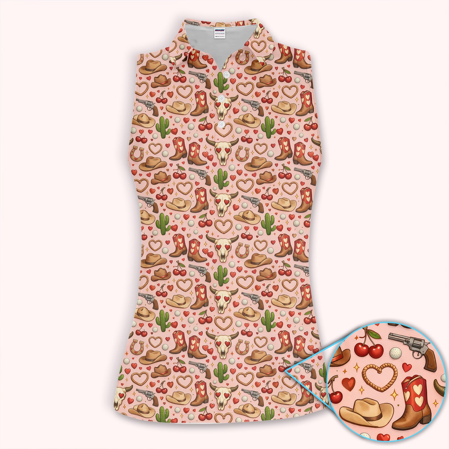 Cowgirl Heart Skull Golf Shirt For Women, Country Boots Cactus Pattern Golf Polos, Golf Gift For Golfer