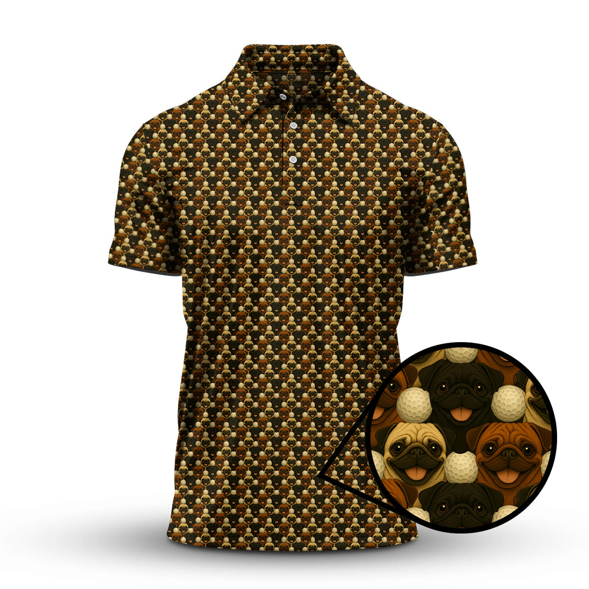 Pug Golf Polos For Golfers, Pug Golf Pattern Shirt, Funny Dog Golf Shirt For Men