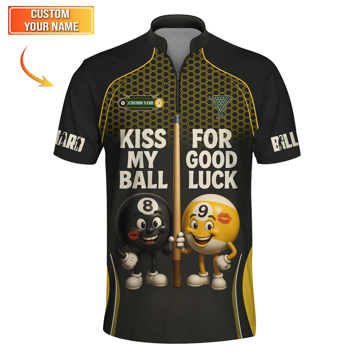 Funny Billiards Shirt, “Kiss My Ball for Good Luck” Custom Name Shirts, Gift for Billiard Players
