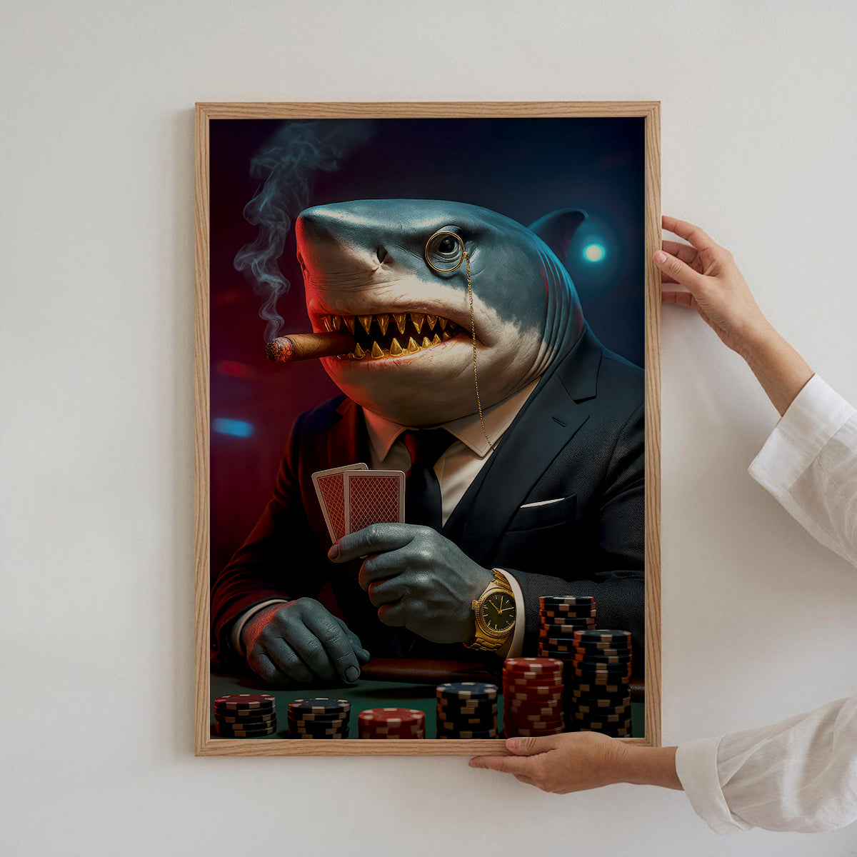 Poker Shark With Card And Chip Poster, Poker Canvas Wall Art, Poker Poster For Game Room Decor, Gift For Poker Players