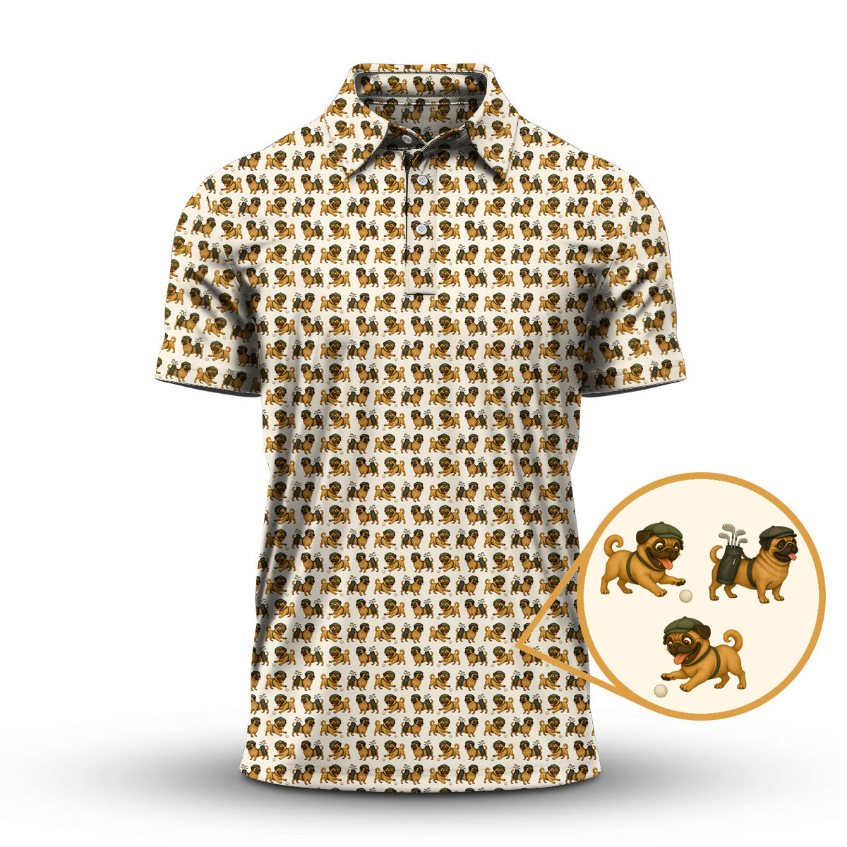 Pug Pattern Golf Shirt - Dog Golf Polos For Pet Lovers - Funny Golf Shirts For Golfers