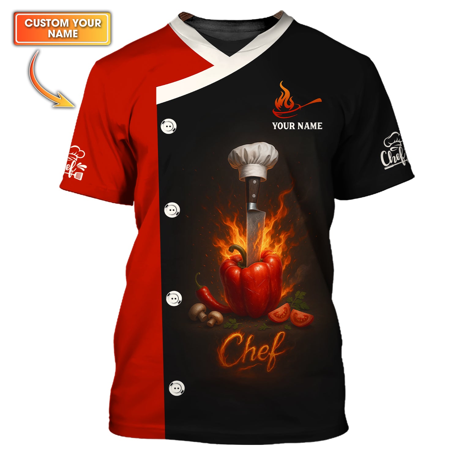 Custom Chef Shirt, Personalized Chef Uniform With Knife & Pepper Fire Design for Cooking Lovers