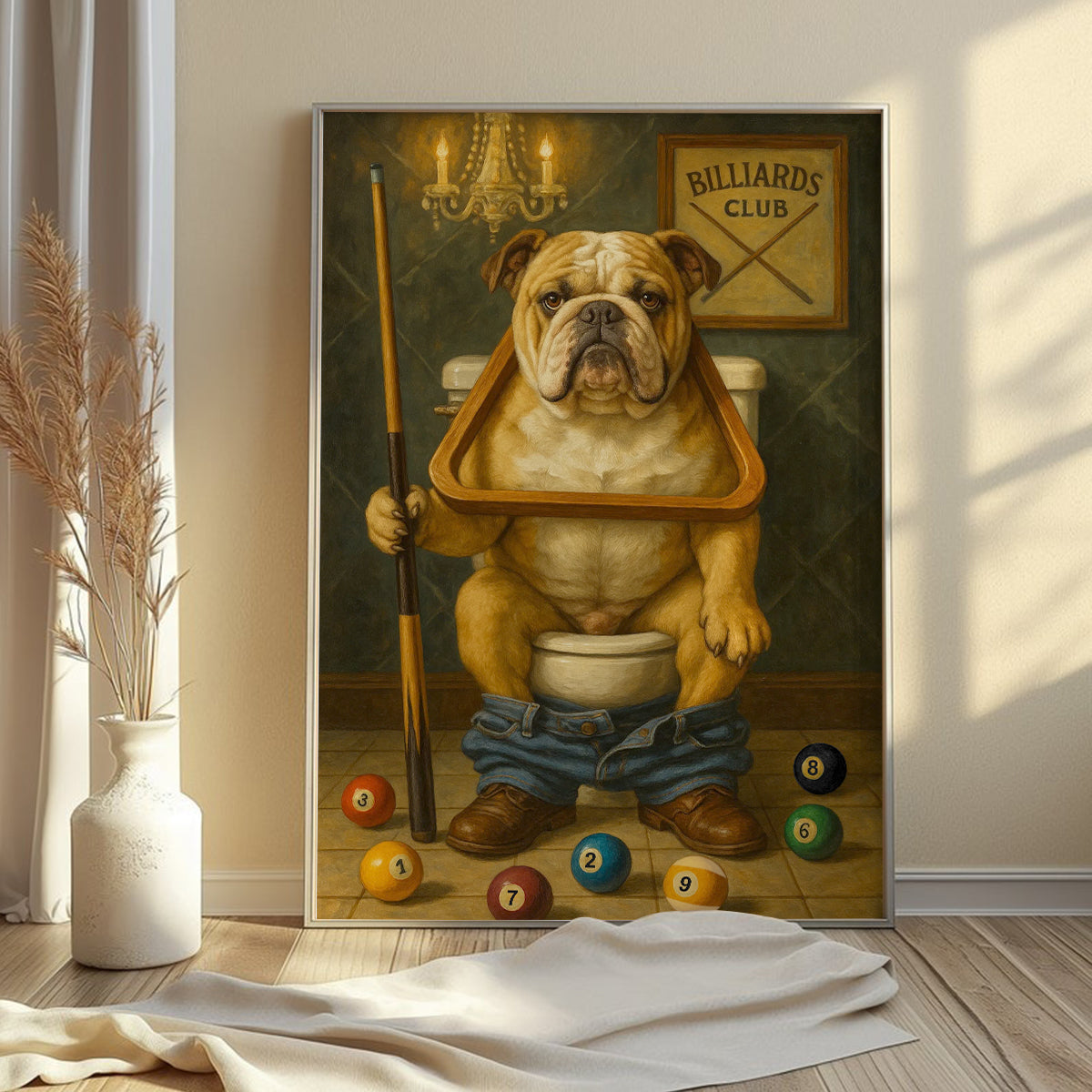 Funny Bulldog Playing Pool Billiards Canvas, Billiards Poster Wall Art For Game Room, Gift For Pool Player