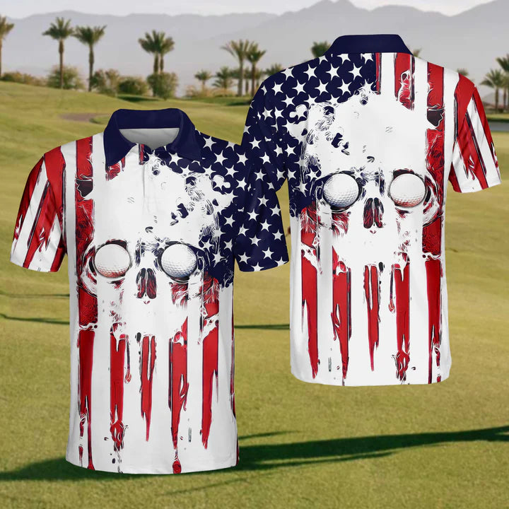 Men’s Golf Polo Shirt with Skull and American Flag Design, Patriotic USA Golf Shirt