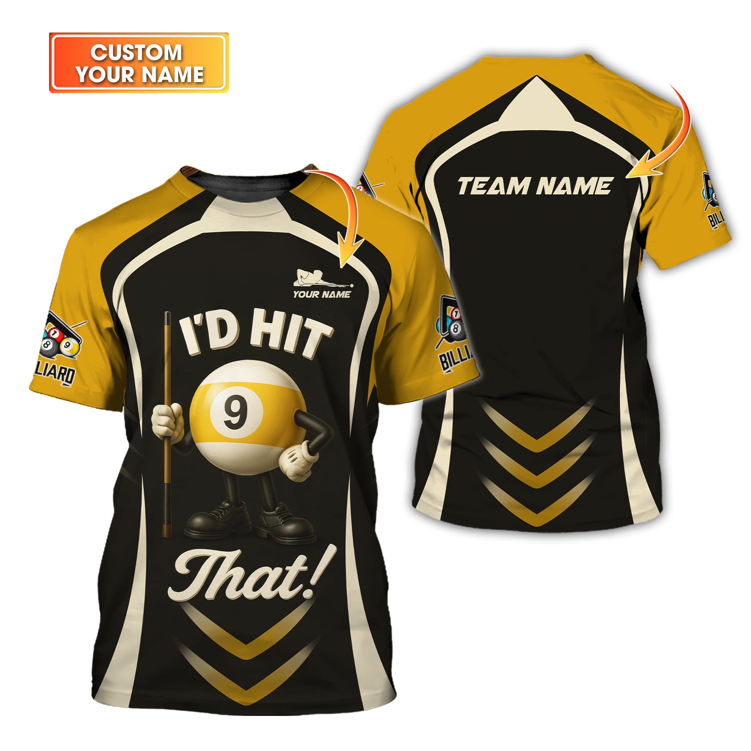 Funny Billiard Shirt Custom Name – I’d Hit That 9 Ball – Black Yellow Pool Player Personalized Tee Gift