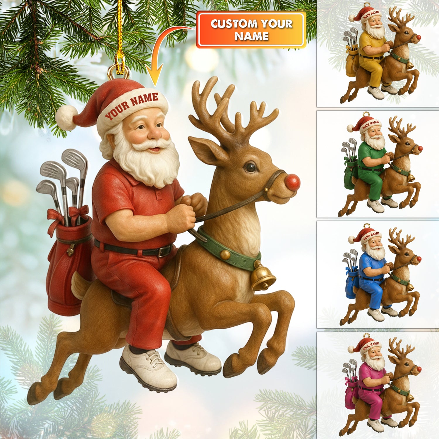 Personalized Golf Santa Ornament – Custom Name Christmas Ornament – Funny Golf Xmas Gift for Players, Santa Riding Reindeer Tree Decoration