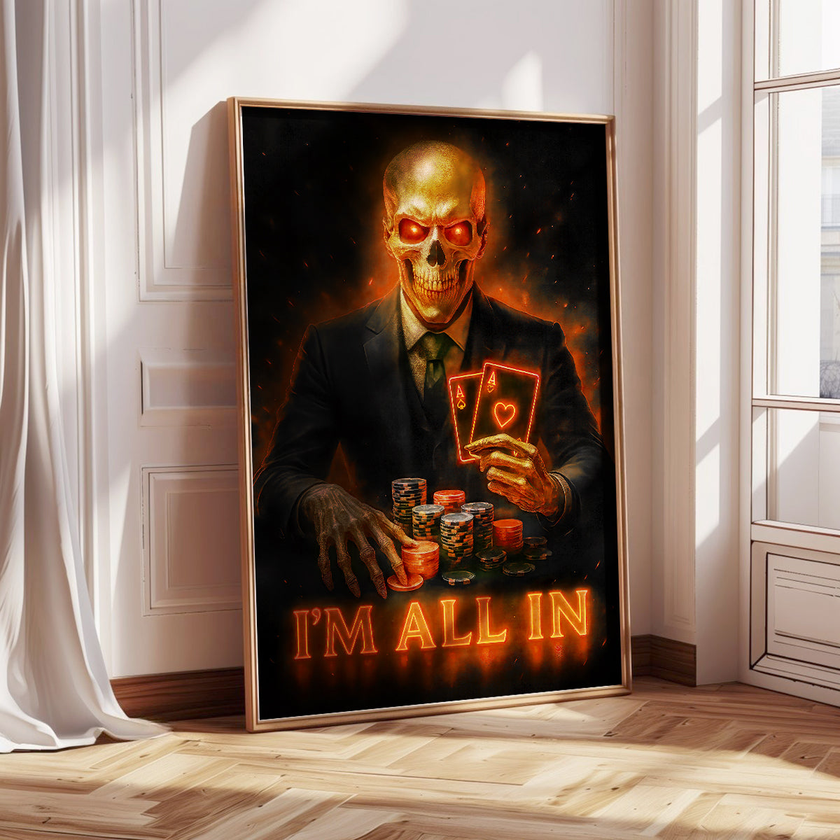 Poker Poster, Skull Player With Cards And Chips, I'm All In Wall Art, Poker Players Bar Or Game Room Decor