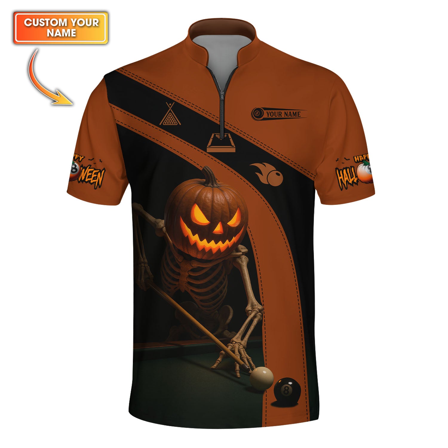 Halloween Billiards Jersey, Custom Name Skeleton Pumpkin Pool Shirt, Spooky 8 Ball Shirt For Billiard Lovers
