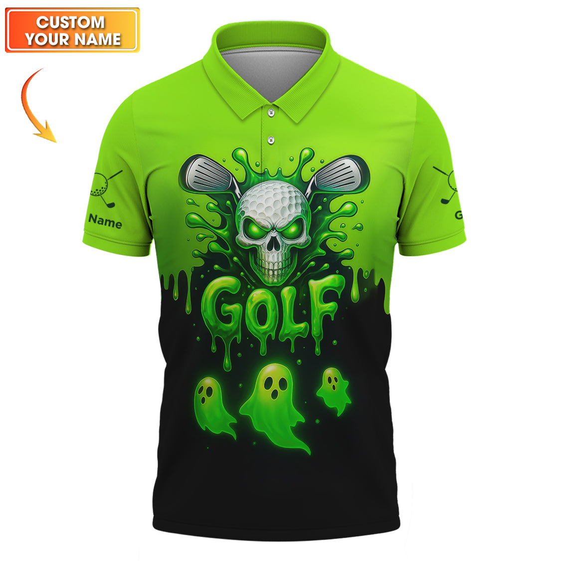 Halloween Golf Polos, Green Skull Golf Shirt For Men, Custom Name Golf Polo, Funny Golf Shirts For Golfers
