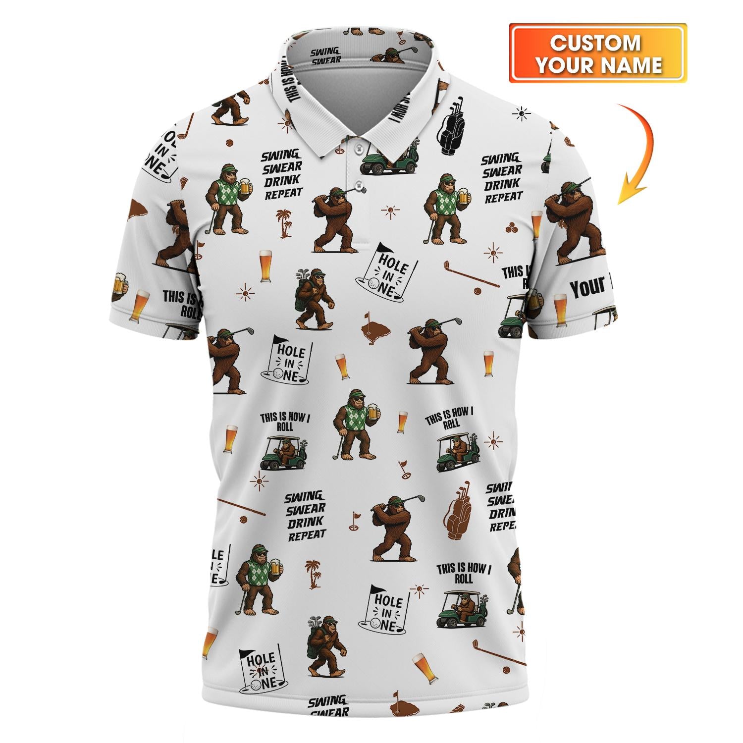 Masters Golf Polo Shirt for Men – Custom Bigfoot Golfbeer Design – Hole in One Swing Swear Drink Repeat Tee