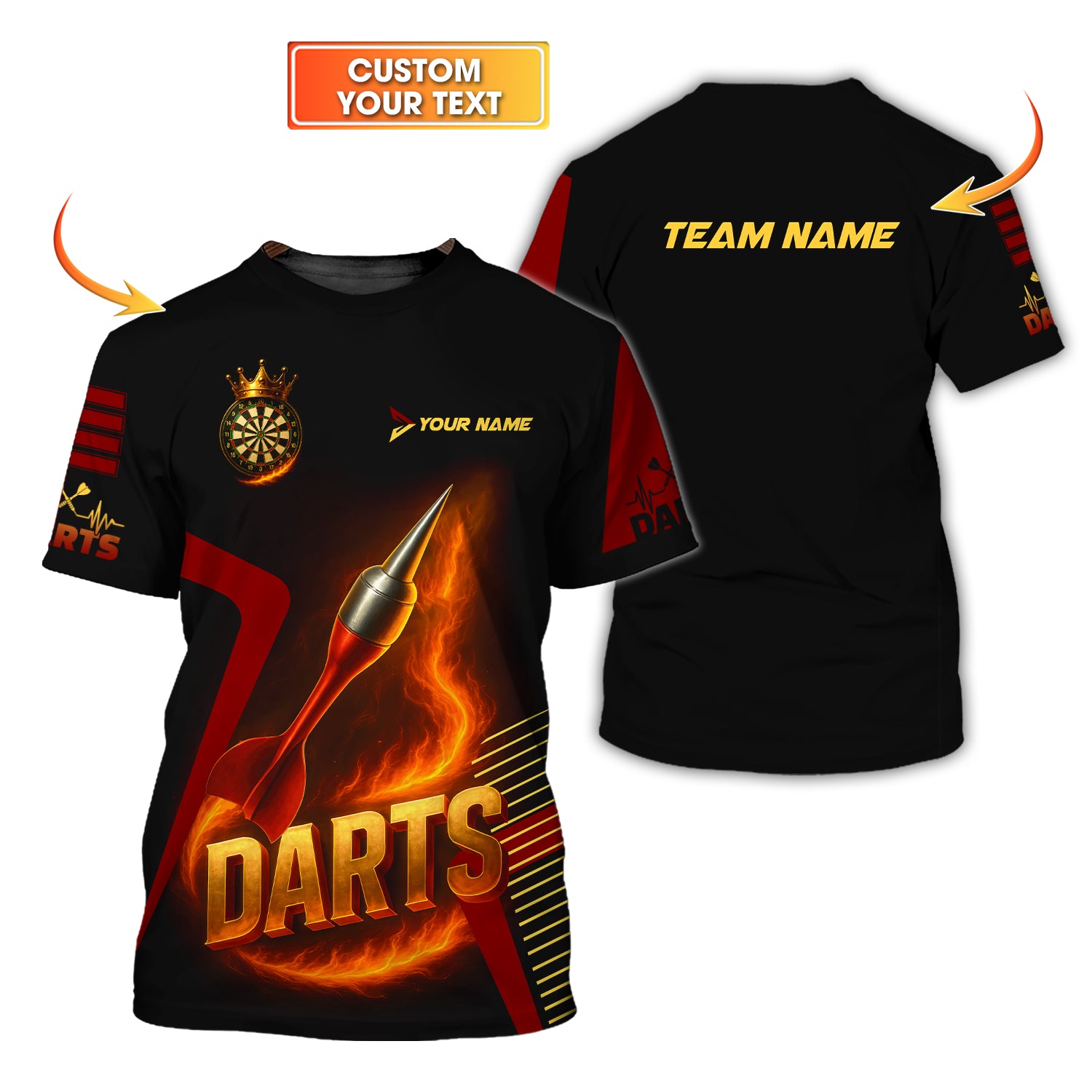 Custom Darts Team Shirt – Flaming Dart Design – Personalized Name Jersey for Bar League Players