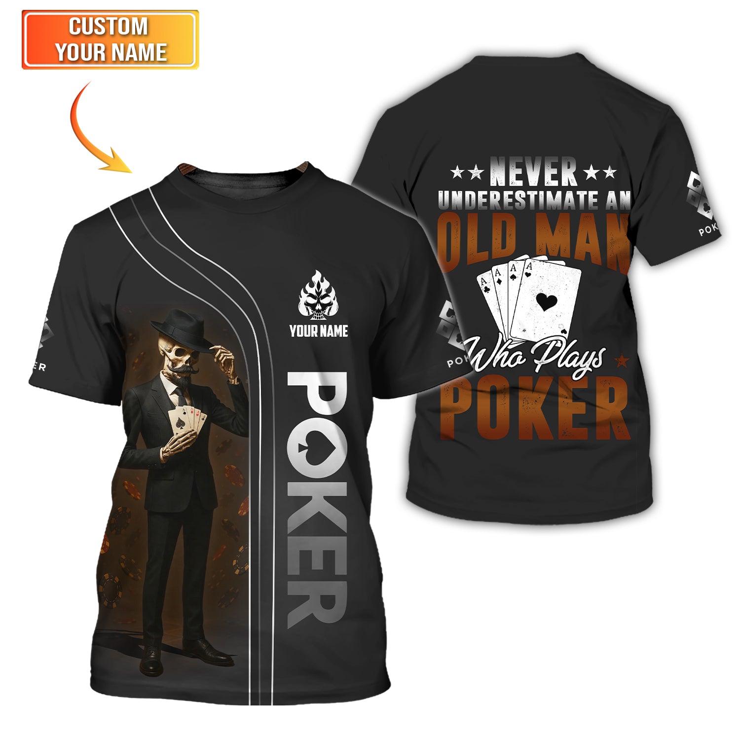 Poker T Shirt  Never Underestimate An Old Man Who Plays Poker Skeleton Card Player Black Tee