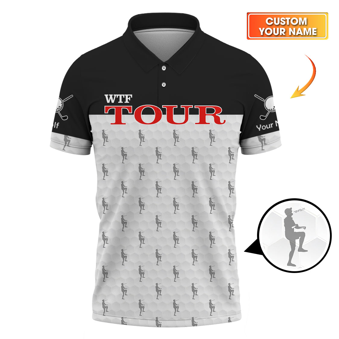 Custom Name WTF Tour Pattern Golf Shirts, Funny Golf Polos, Golf Gift For Men's