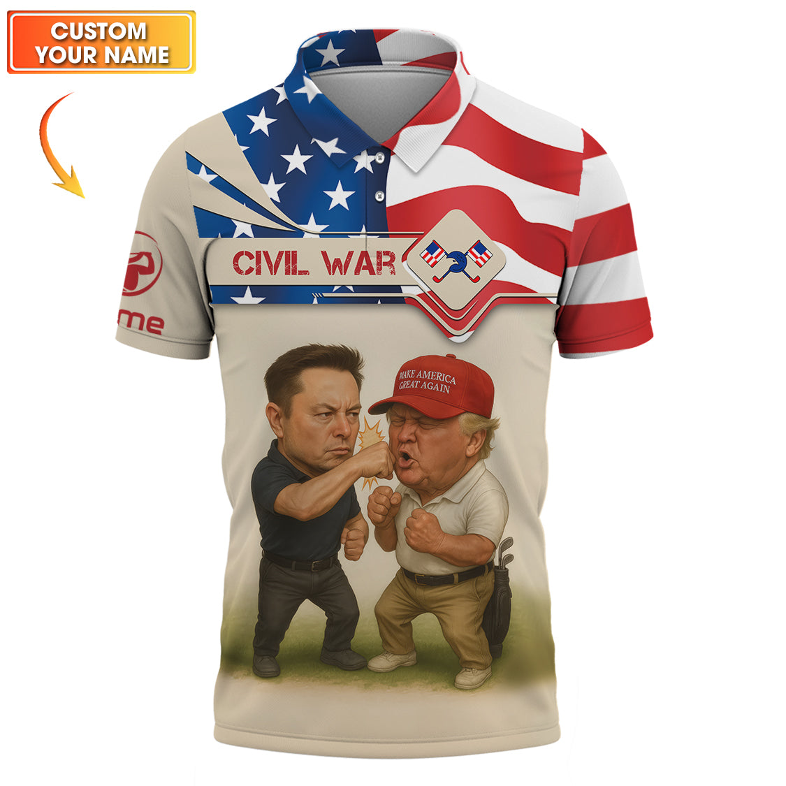 Civil War Golf Polo Shirt – Custom Golf Polo Featuring Political Cartoon – Funny Trump and Musk Shirt for Events & Gifts