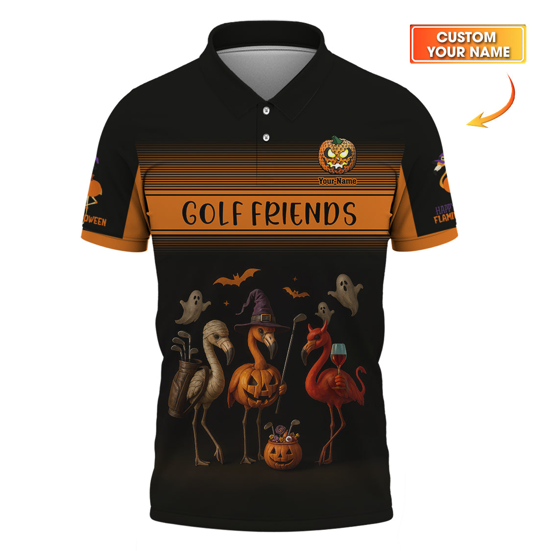 Custom Name Flamingo Golf Polos, Golf Friends Halloween Golf Shirts, Funny Golf Shirt For Golfers