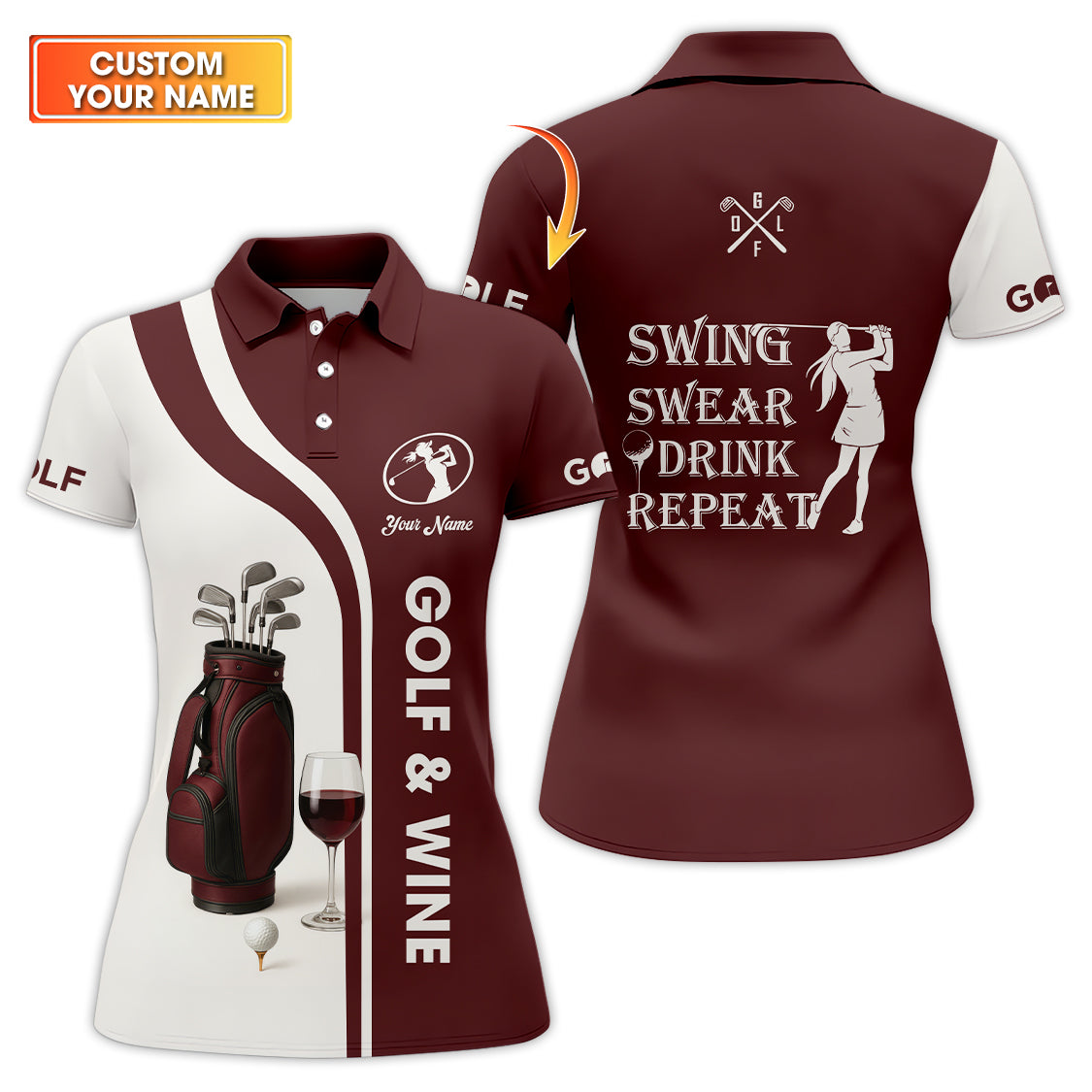 Custom Name Women's Golf Polos, Golf And Wine Shirt, Funny Golf Shirts For Lady Golfers