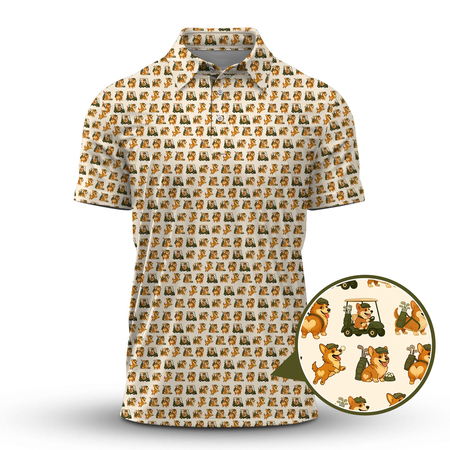Corgi Golf Pattern Shirt, Cute Dog Golf Polo For Pet Lovers And Golfers, Funny Golf Polos For Men's