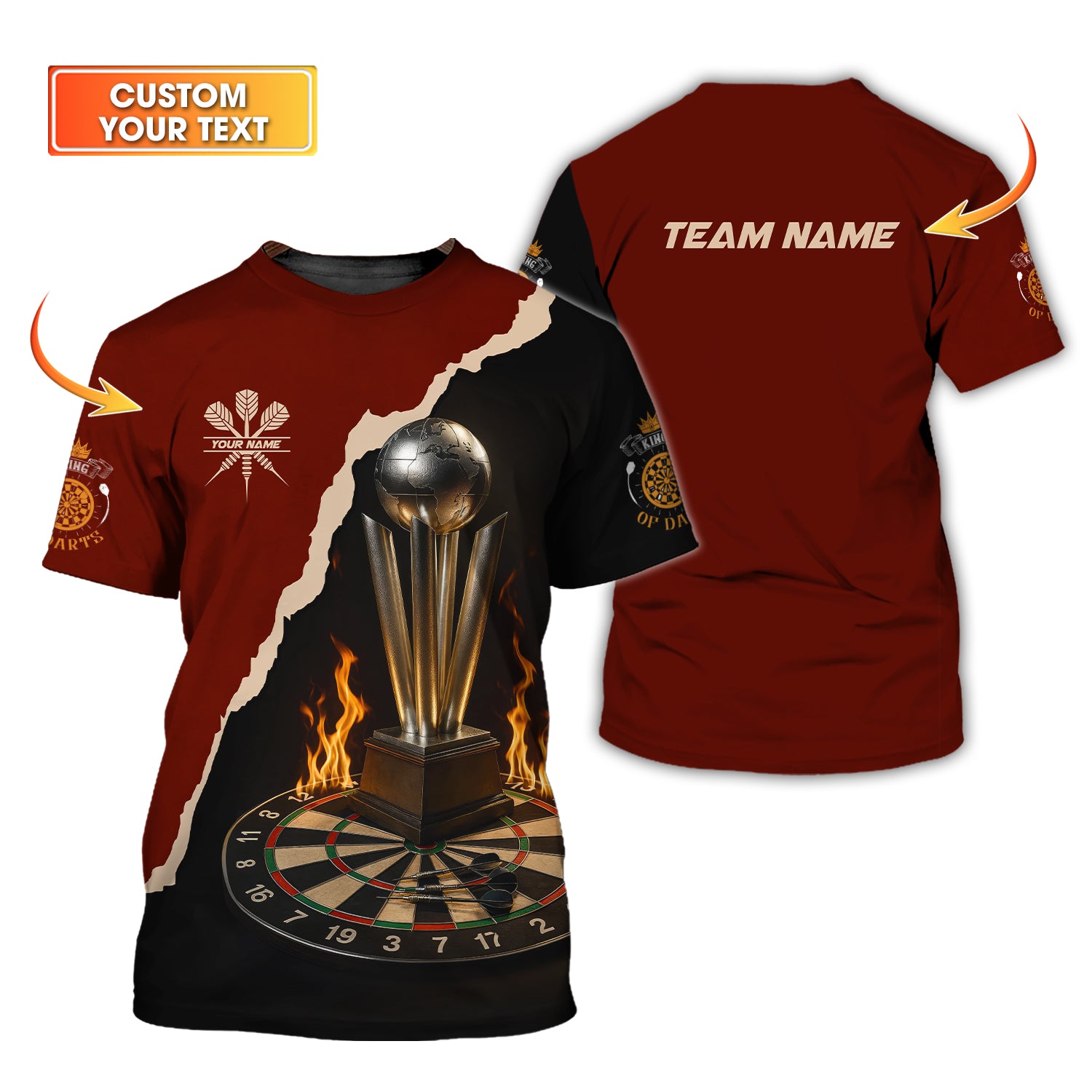 Custom Darts Champion Shirt β Flaming Trophy Design β Red Black Dartboard T-Shirt for Players