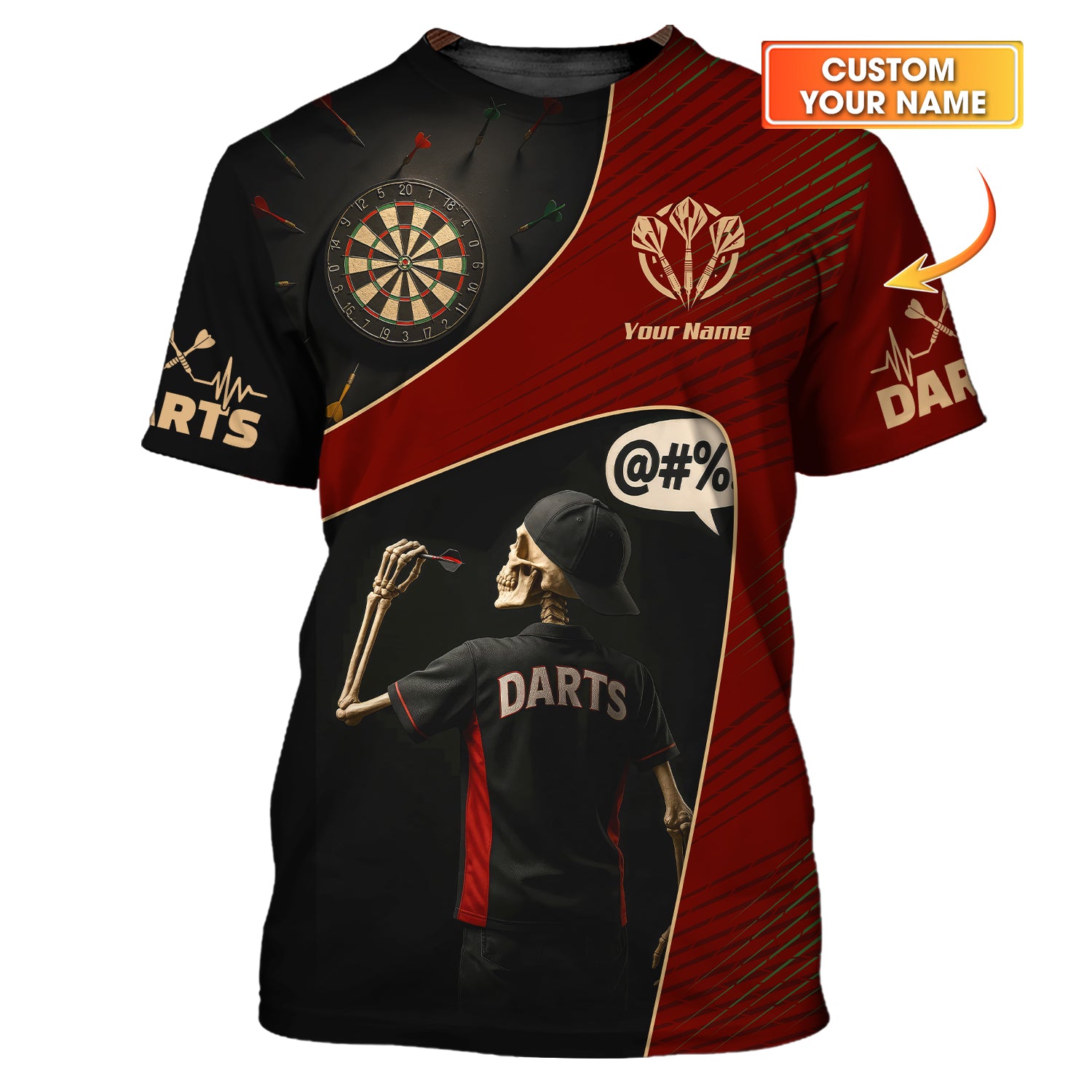 Custom Darts Shirt | Red Black Skeleton Dartboard Funny Player Gift Tee