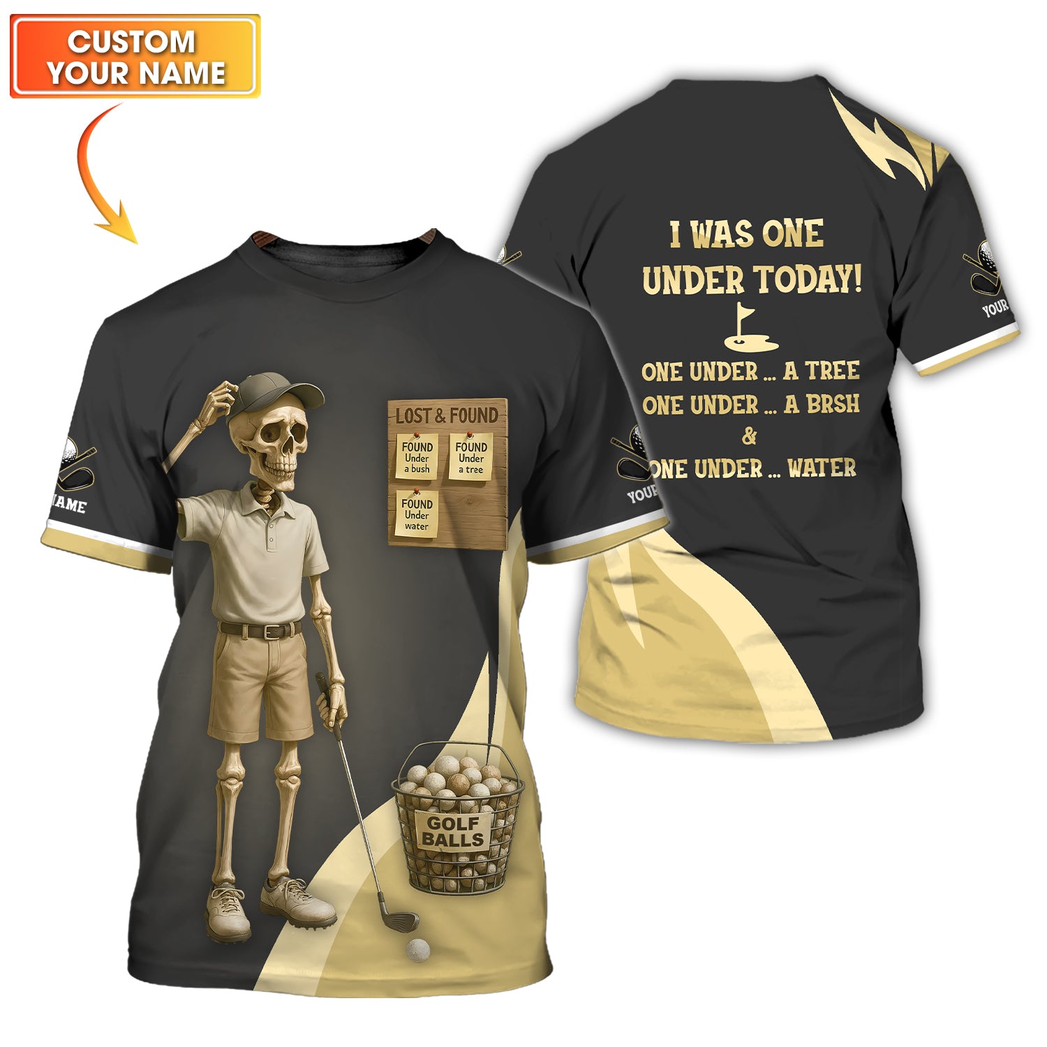 Custom Funny Skeleton Golf Shirt – Black Khaki Tee with “One Under” Lost Balls Quote