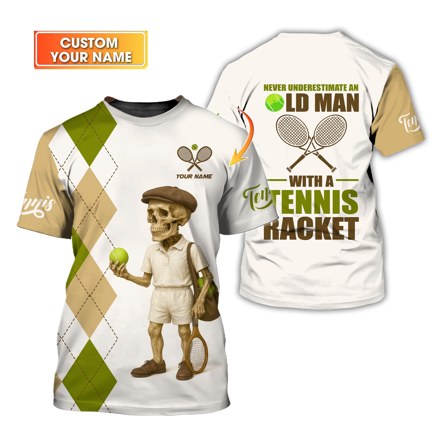 Tennis T Shirt, Skeleton Grandpa Tee Custom, Vintage Tennis Polo Shirts