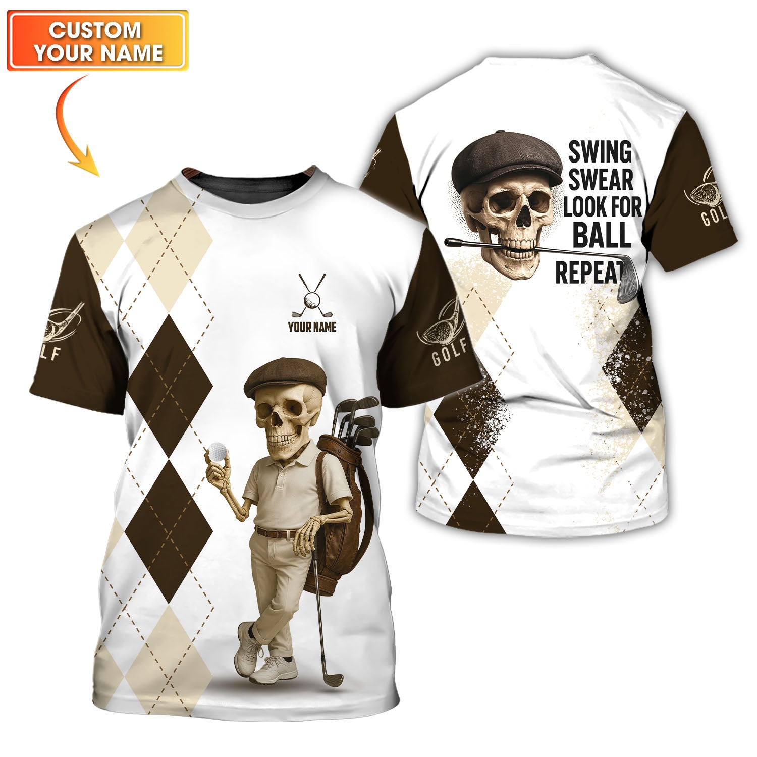 Custom White Brown Golf Shirt – Skeleton Golfer Design with Quote “Swing Swear Look for Ball”