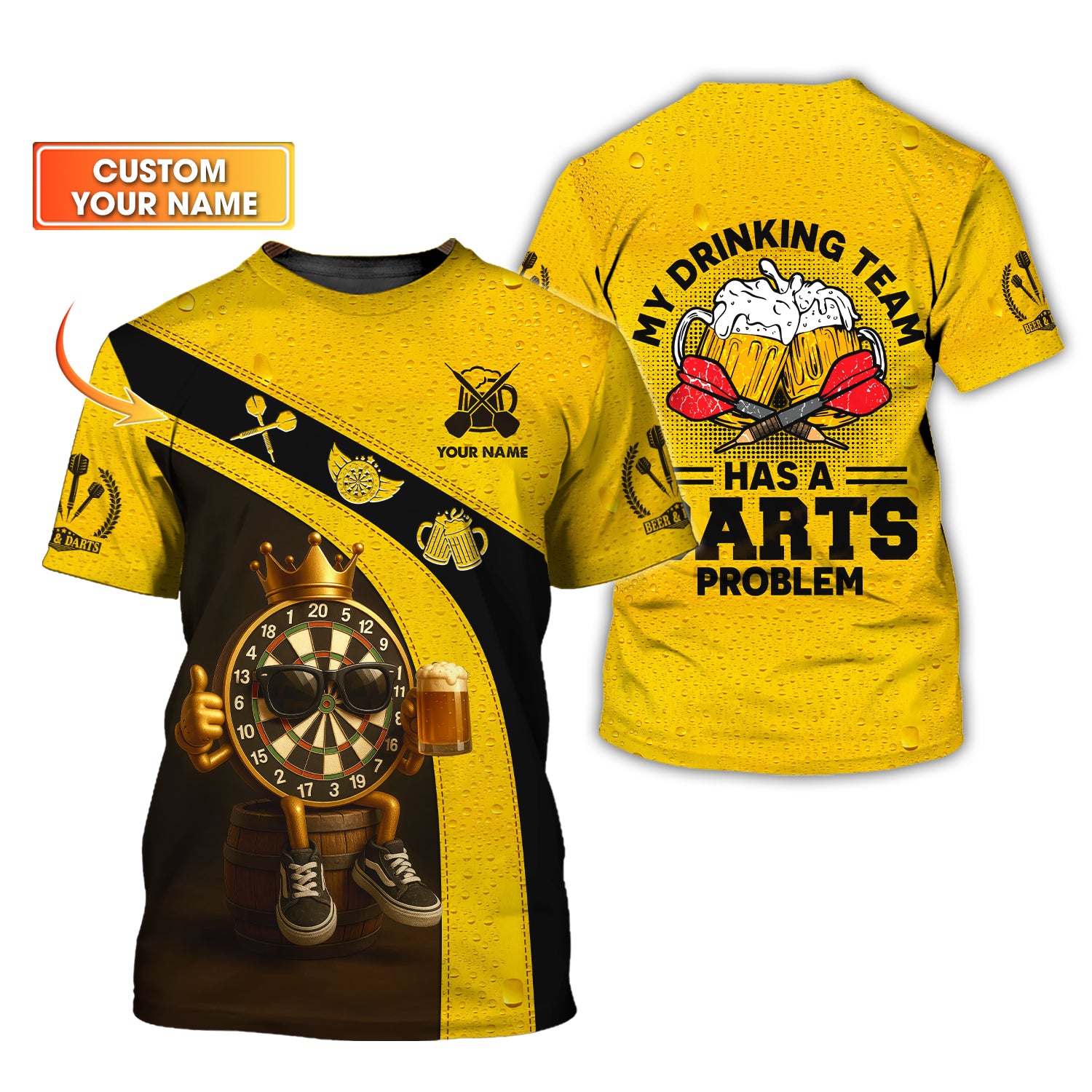Custom Darts Shirt | Yellow Beer & Dartboard Tee for Funny Drinking Team Gift