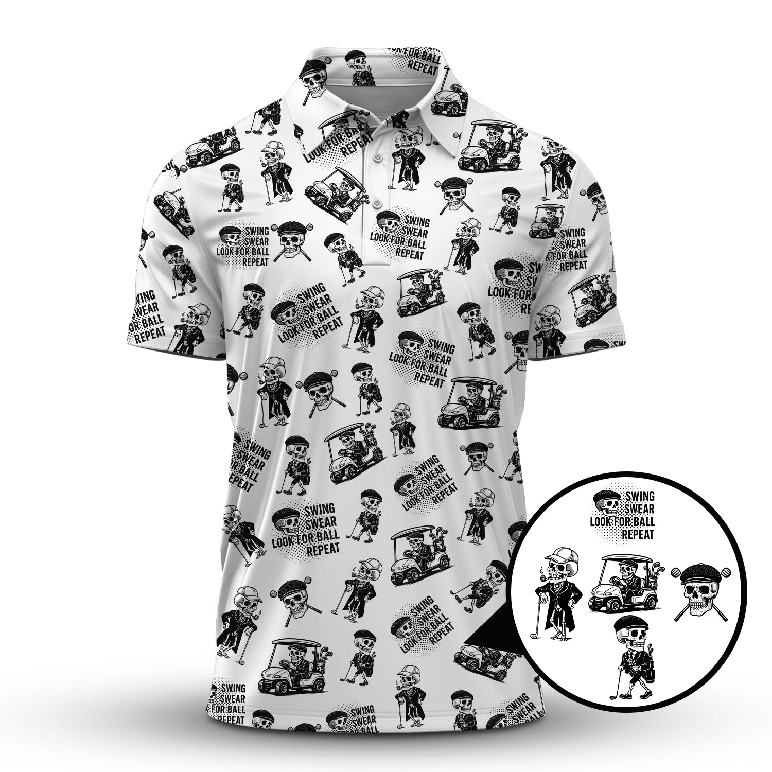 Funny Skull Golf Shirt For Men, Skeleton Golf Pattern Polos, Crazy Golf Shirts For Golfers