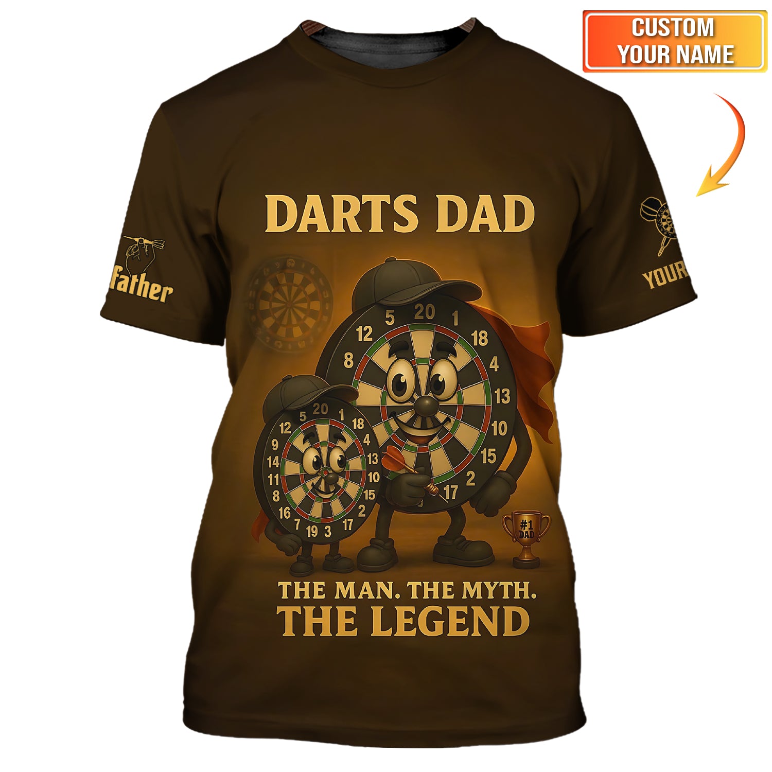 Custom Darts Dad Shirt | Brown Funny Dartboard Father Gift Tee For Legend