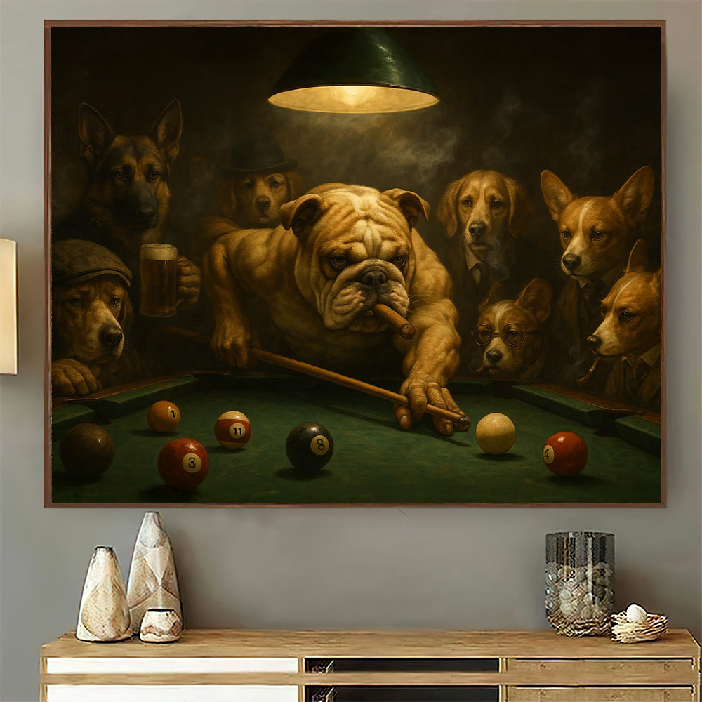 Dog Playing Pool Wall Art, Funny Bulldog Billiards Poster, Vintage Billiards Canvas For Game Room