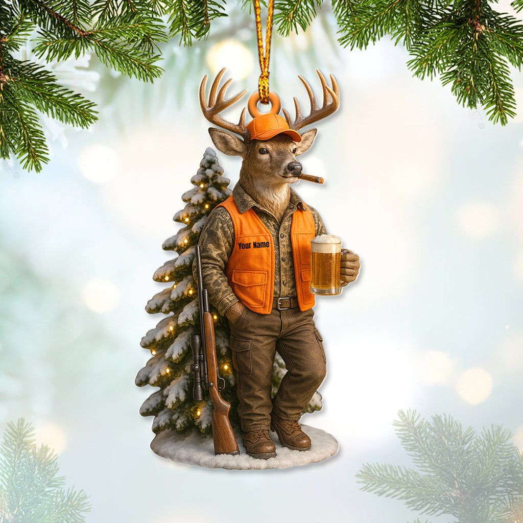 Personalized Deer Hunter Christmas Ornament, Custom Name Hunting Ornament, Beer & Buck Holiday Decor, Gift for Hunters and Outdoorsmen
