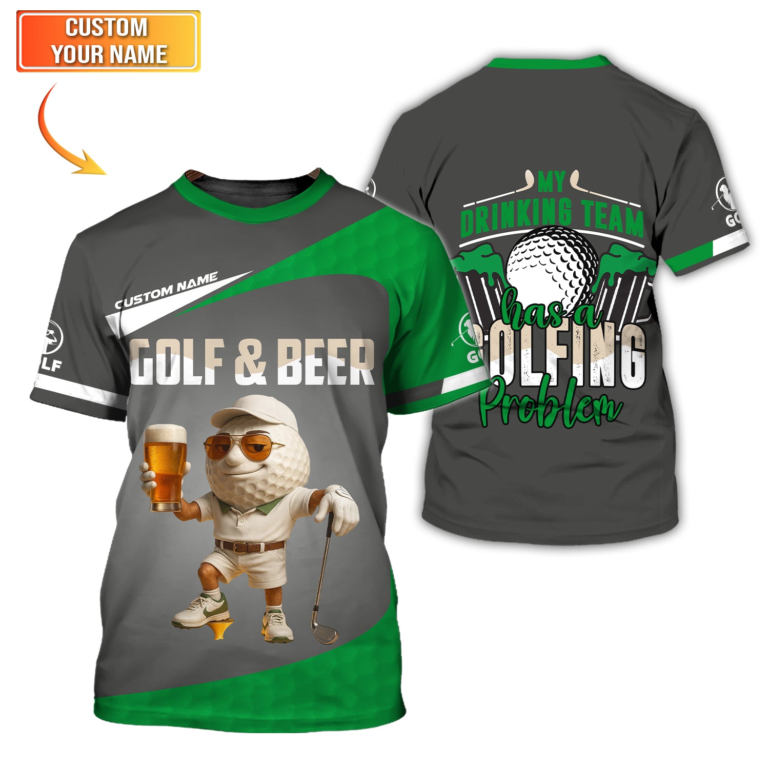 Custom Gray Green Golf & Beer Shirt – Funny Drinking Team Golfing Problem Tee