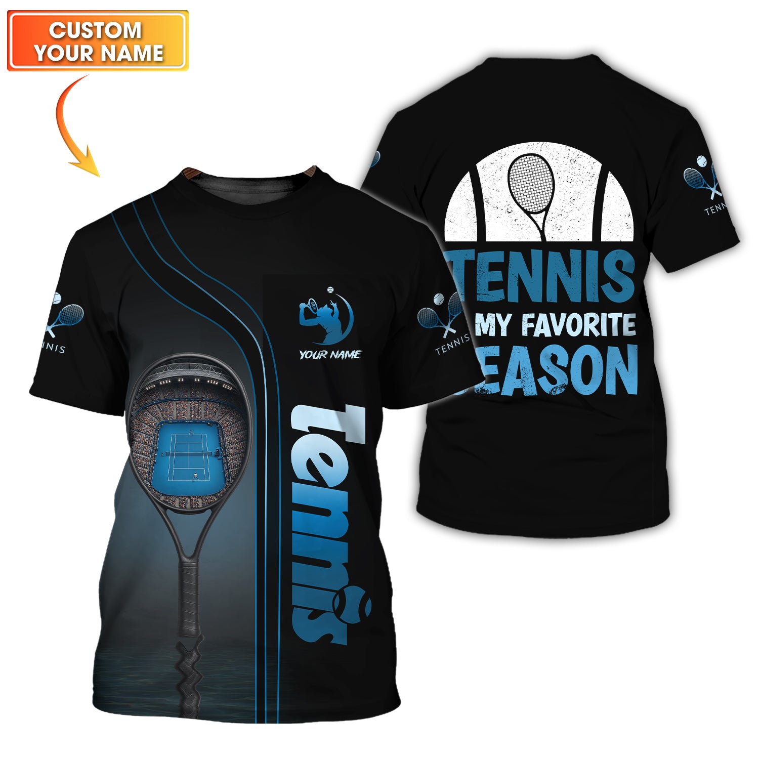 Custom Tennis Shirt | Black Blue Stadium Court Design | Favorite Season Quote Tee