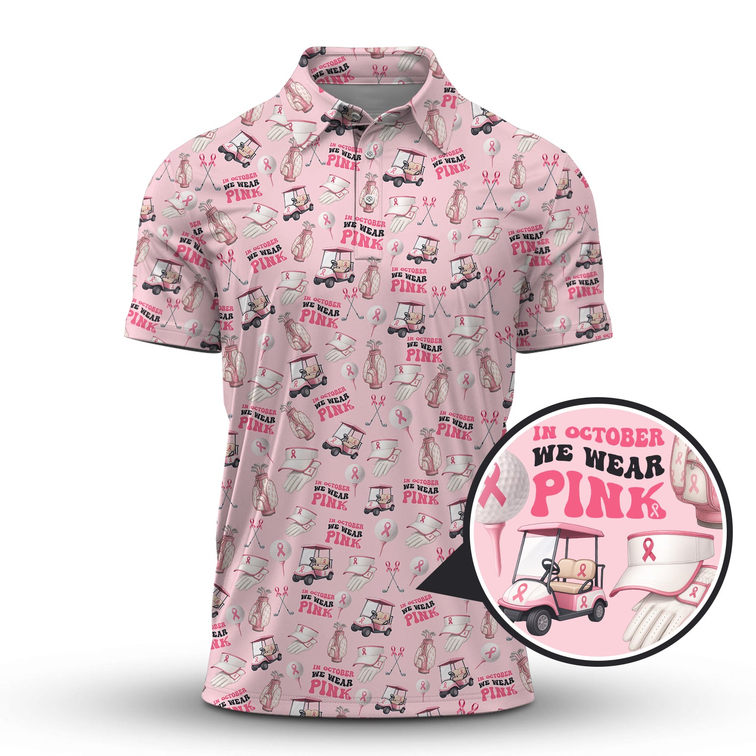 We Wear Pink In October Shirt For Golfer, Pattern Golf Shirt, Breast Cancer Golf Shirt For Women