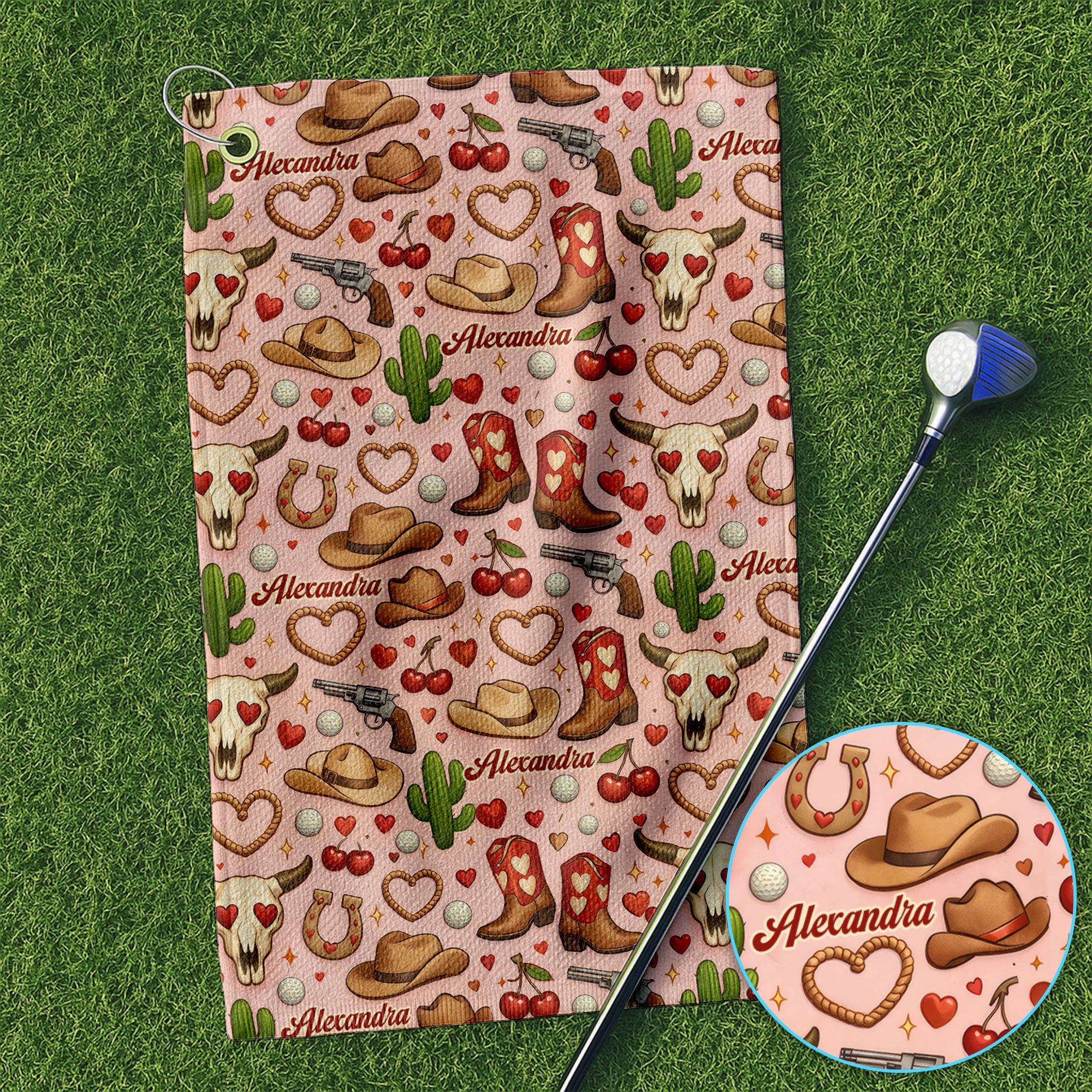 Boho Western Cowgirl Boots Cute Cactus Seamless Golf Towel, Custom Golf Towels, Golf Gift For Men